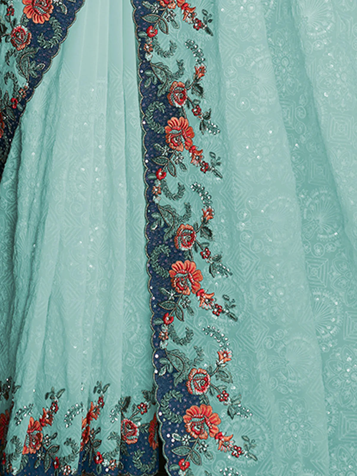 Odette Women Modren Blue Georgette Embroidered Saree With Unstitched Blouse - Image 6