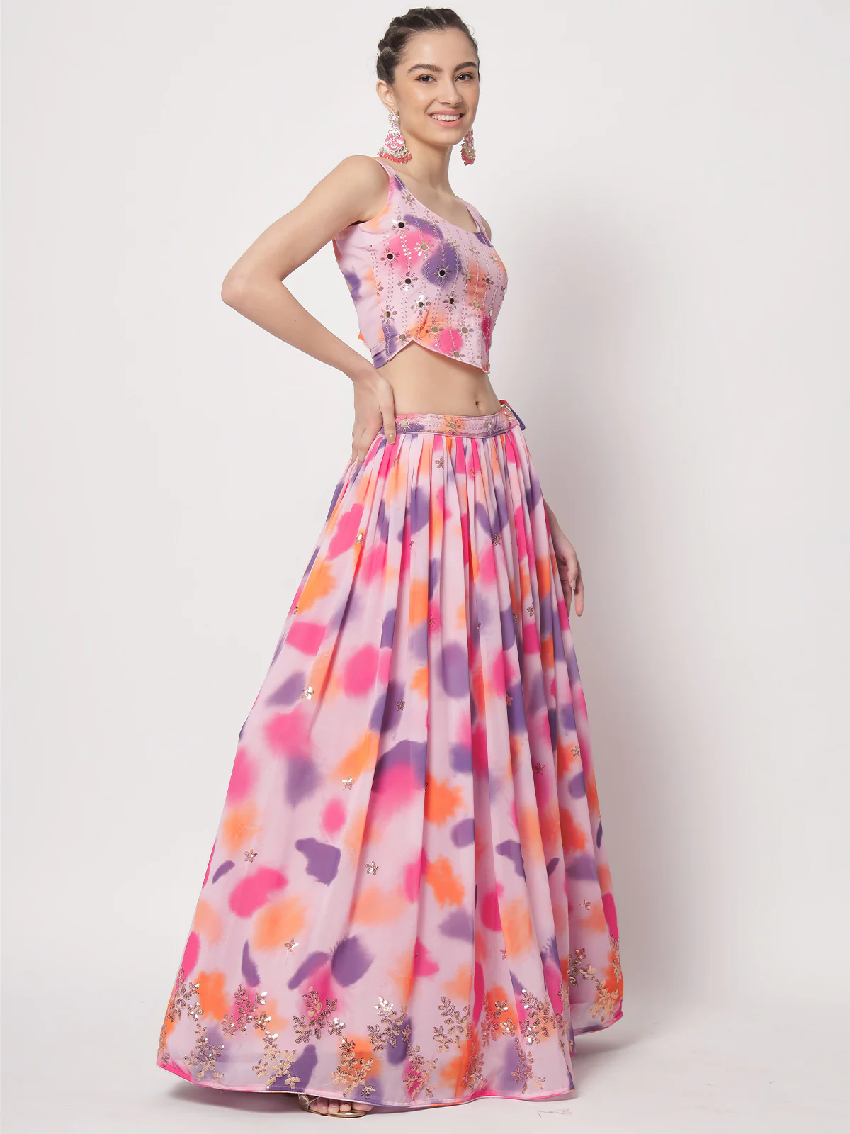 Odette Women Modren Multicolor Georgette Embellished Semi Stitched Lehenga With Unstitched Blouse - Image 3