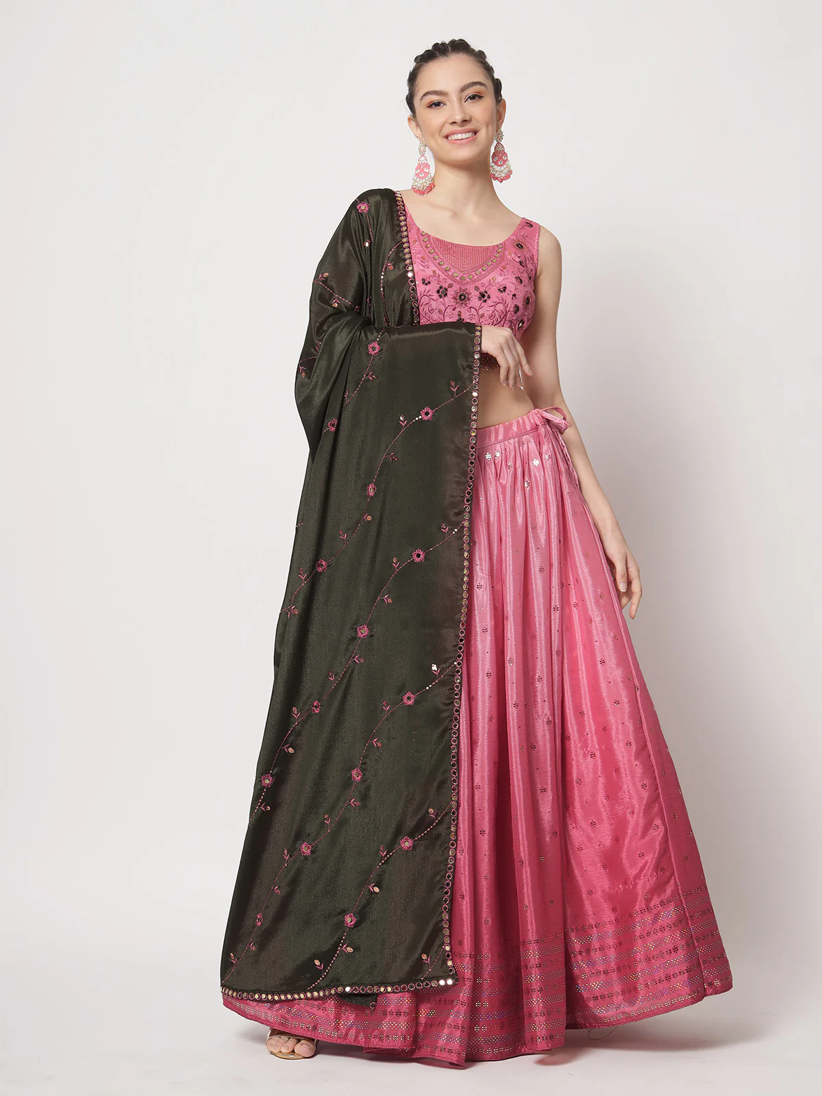 Odette Women Modren Pink Chinon Silk Embellished Semi Stitched Lehenga With Unstitched Blouse