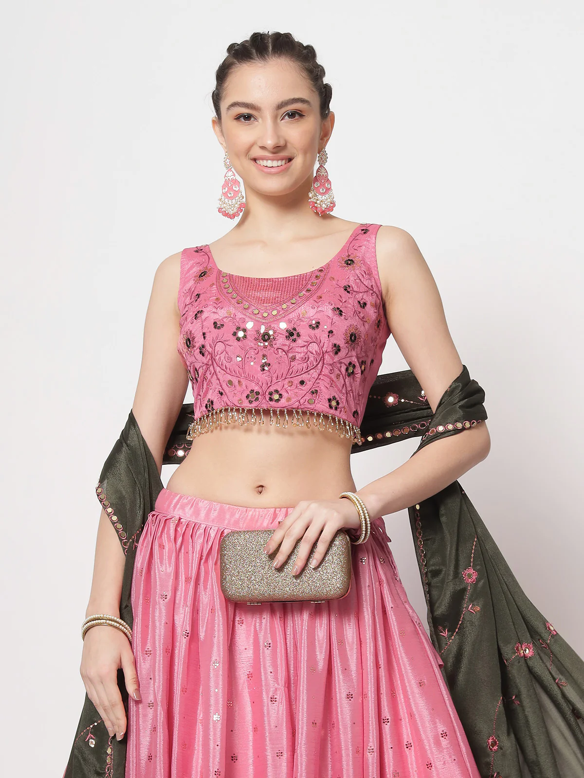 Odette Women Modren Pink Chinon Silk Embellished Semi Stitched Lehenga With Unstitched Blouse - Image 2