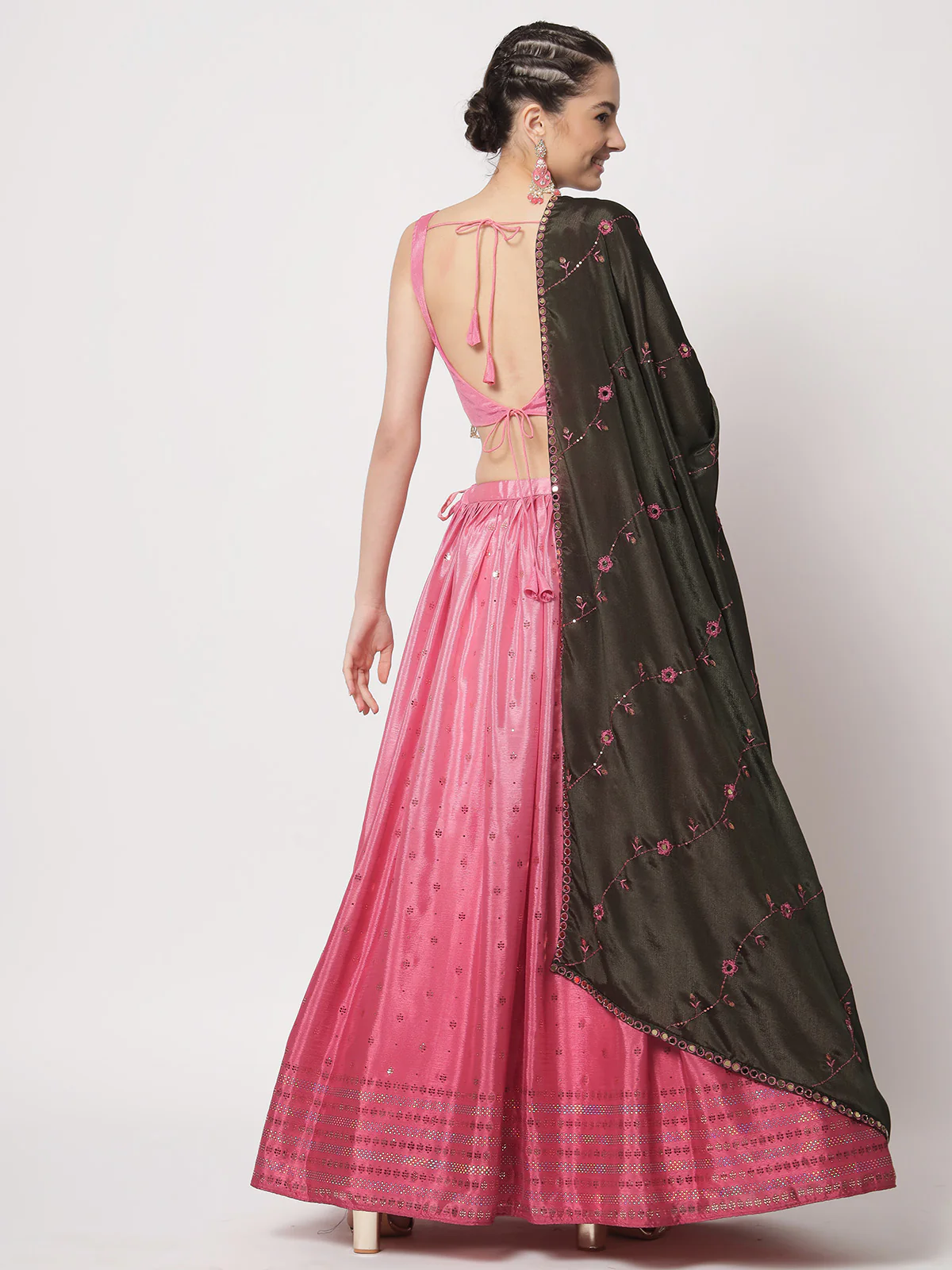 Odette Women Modren Pink Chinon Silk Embellished Semi Stitched Lehenga With Unstitched Blouse - Image 4
