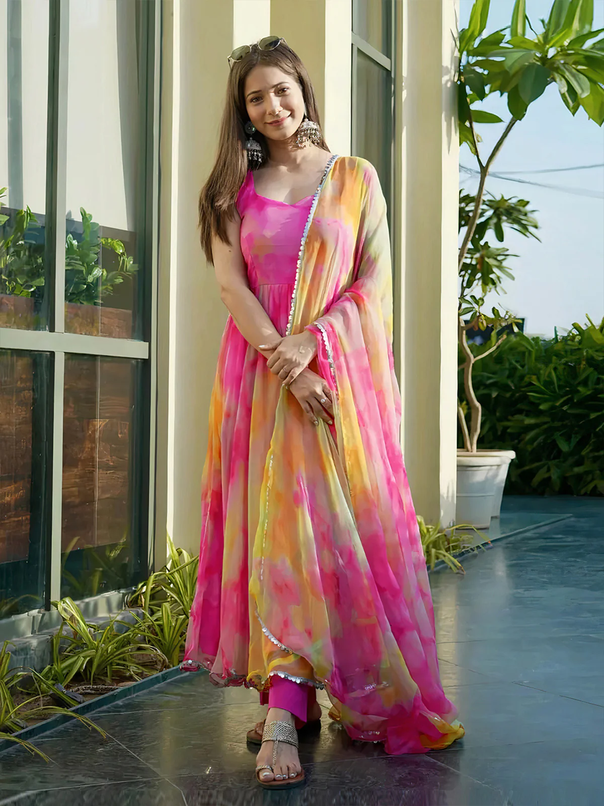 Odette Women Multi Color Organza Printed Stitched Gown