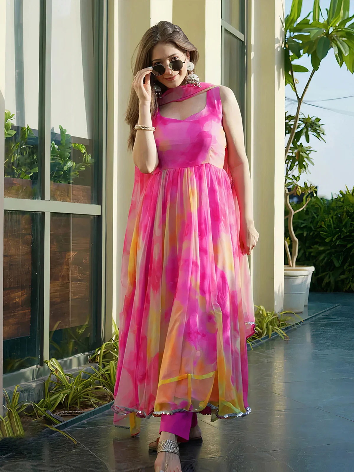 Odette Women Multi Color Organza Printed Stitched Gown - Image 4