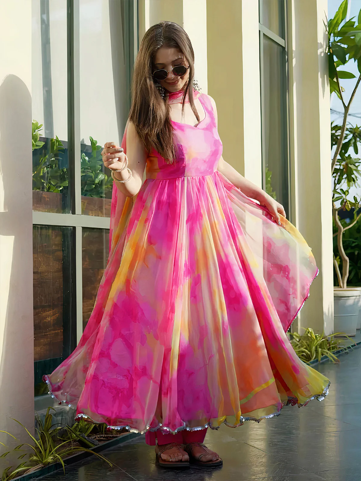 Odette Women Multi Color Organza Printed Stitched Gown - Image 5