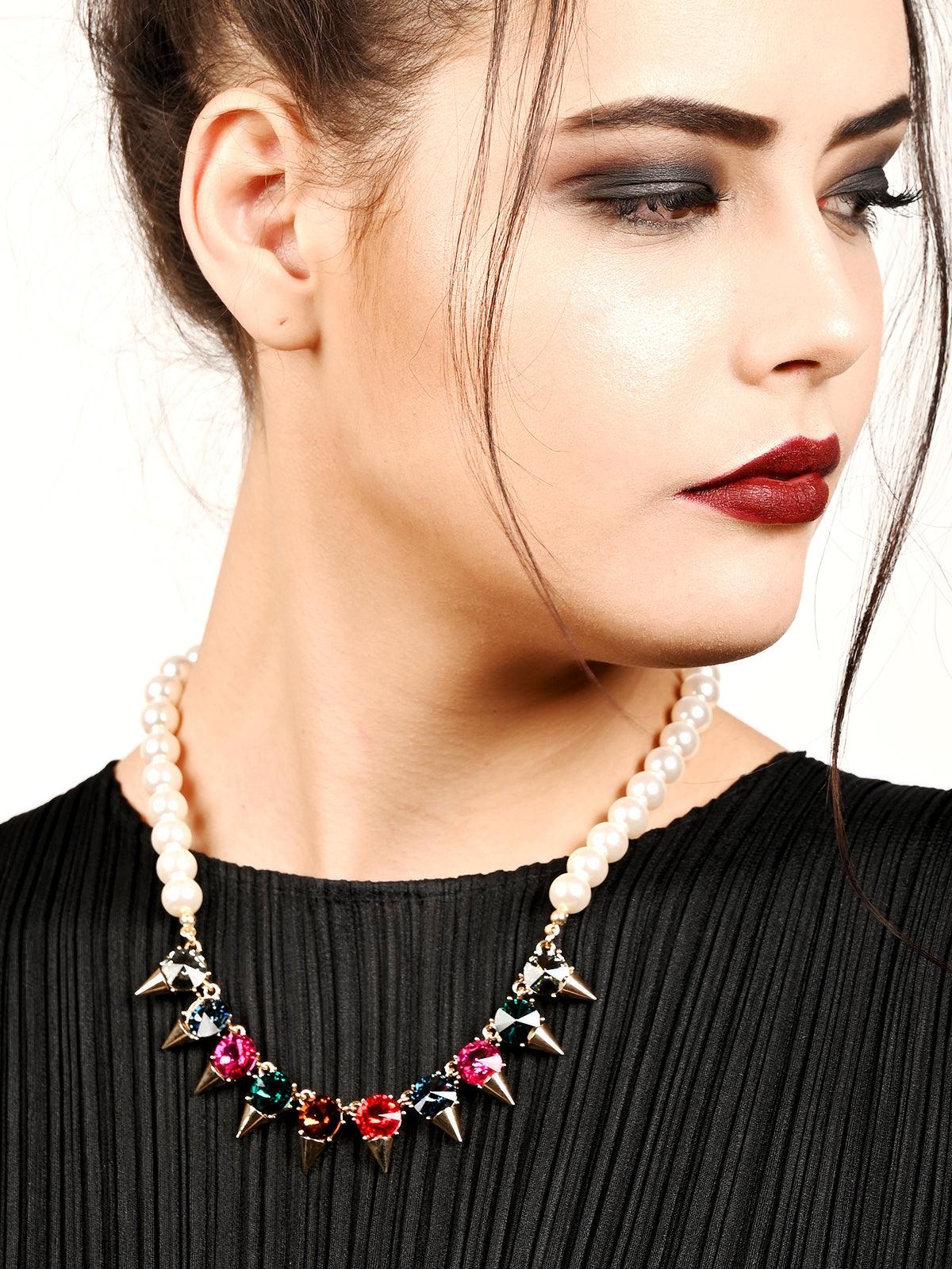 Odette Women Multi-Coloured Rhine Stones And Beaded Pearl Necklace