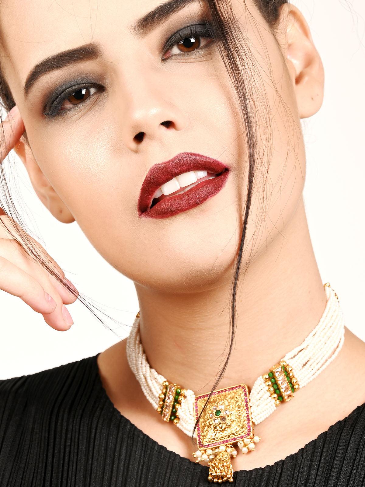 Odette Women Multi String White Pearl And Gold Choker Necklace Set