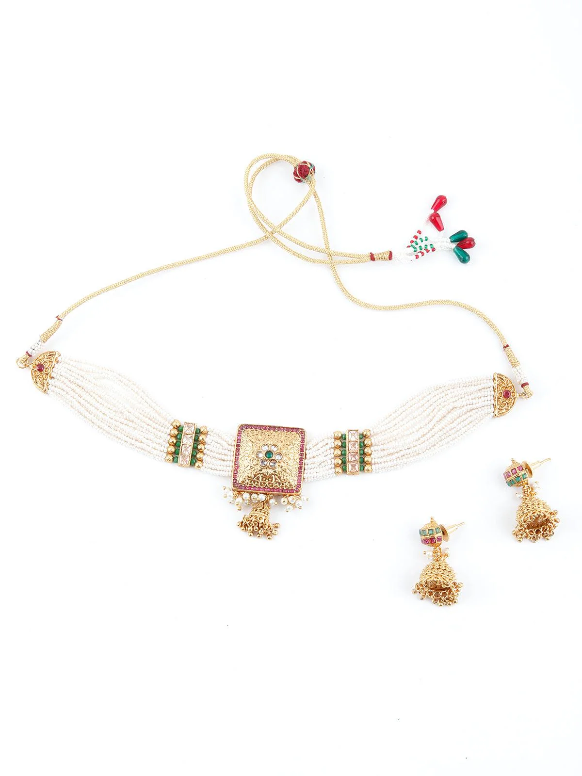 Odette Women Multi String White Pearl And Gold Choker Necklace Set - Image 3