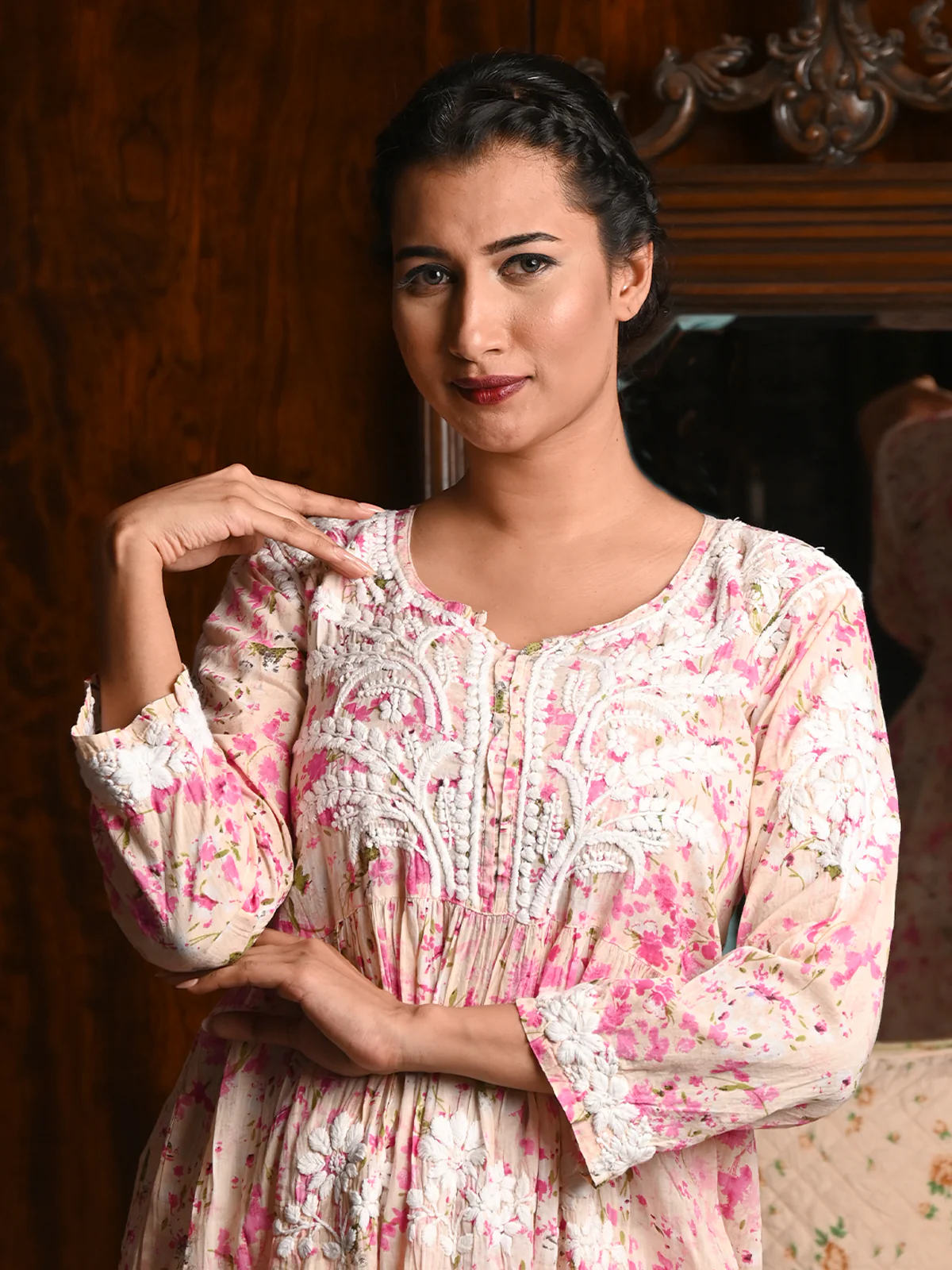 Odette Women Multicolor Cotton Printed Chikankari Embroidered Stitched Kurta - Image 2