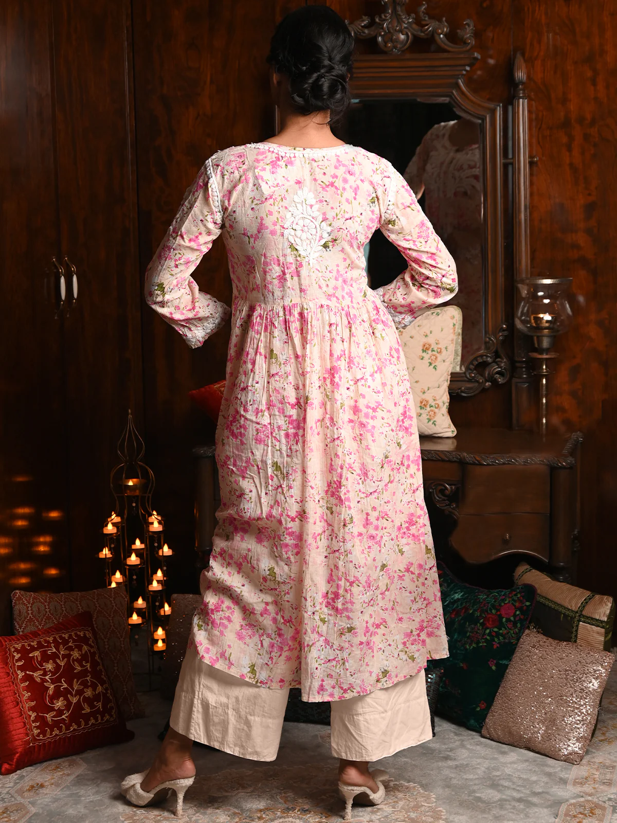 Odette Women Multicolor Cotton Printed Chikankari Embroidered Stitched Kurta - Image 3