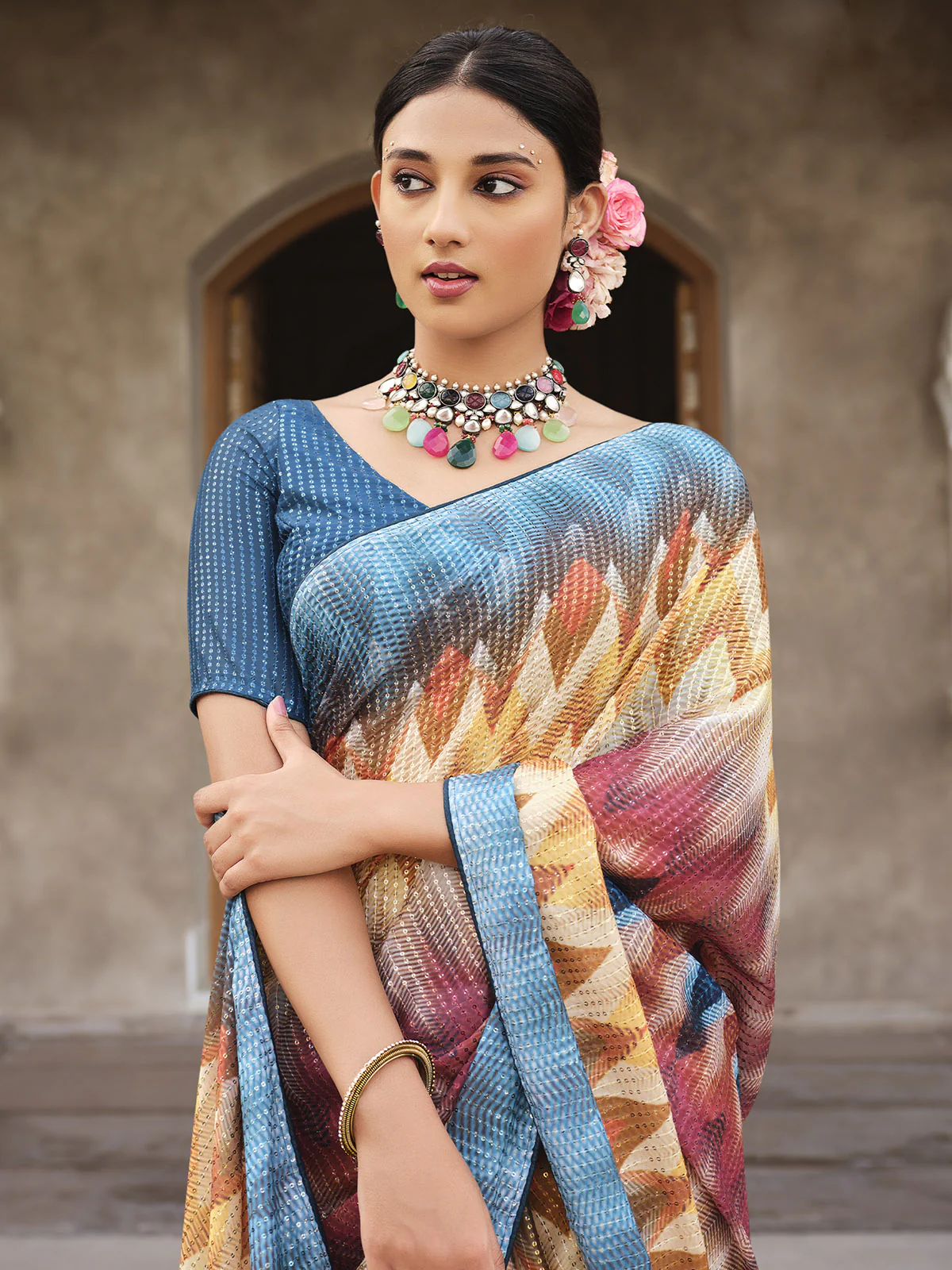 Odette Women Multicolor Digital Print And Sequins Embroidery Saree With Unstitched Blouse - Image 2