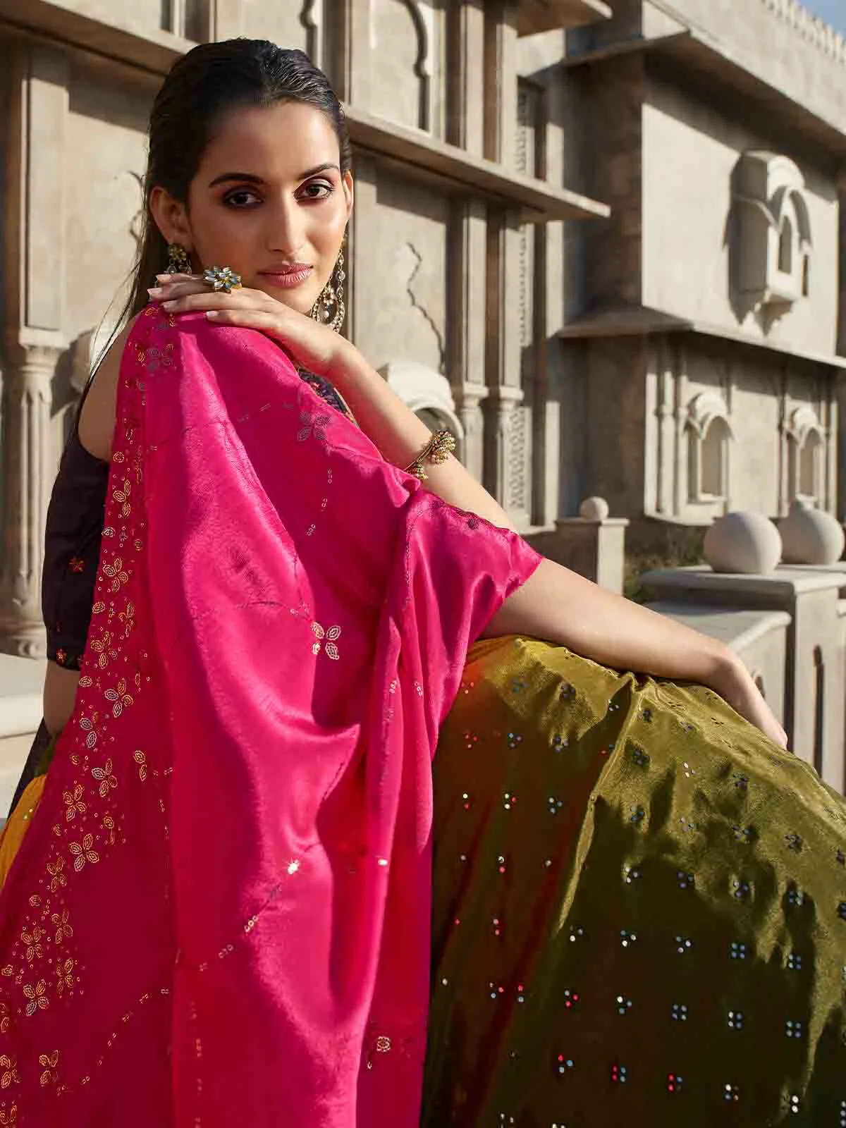Odette Women Multicolor Georgette Embroidered Semi Stitched Lehenga With Unstitched Blouse - Image 4