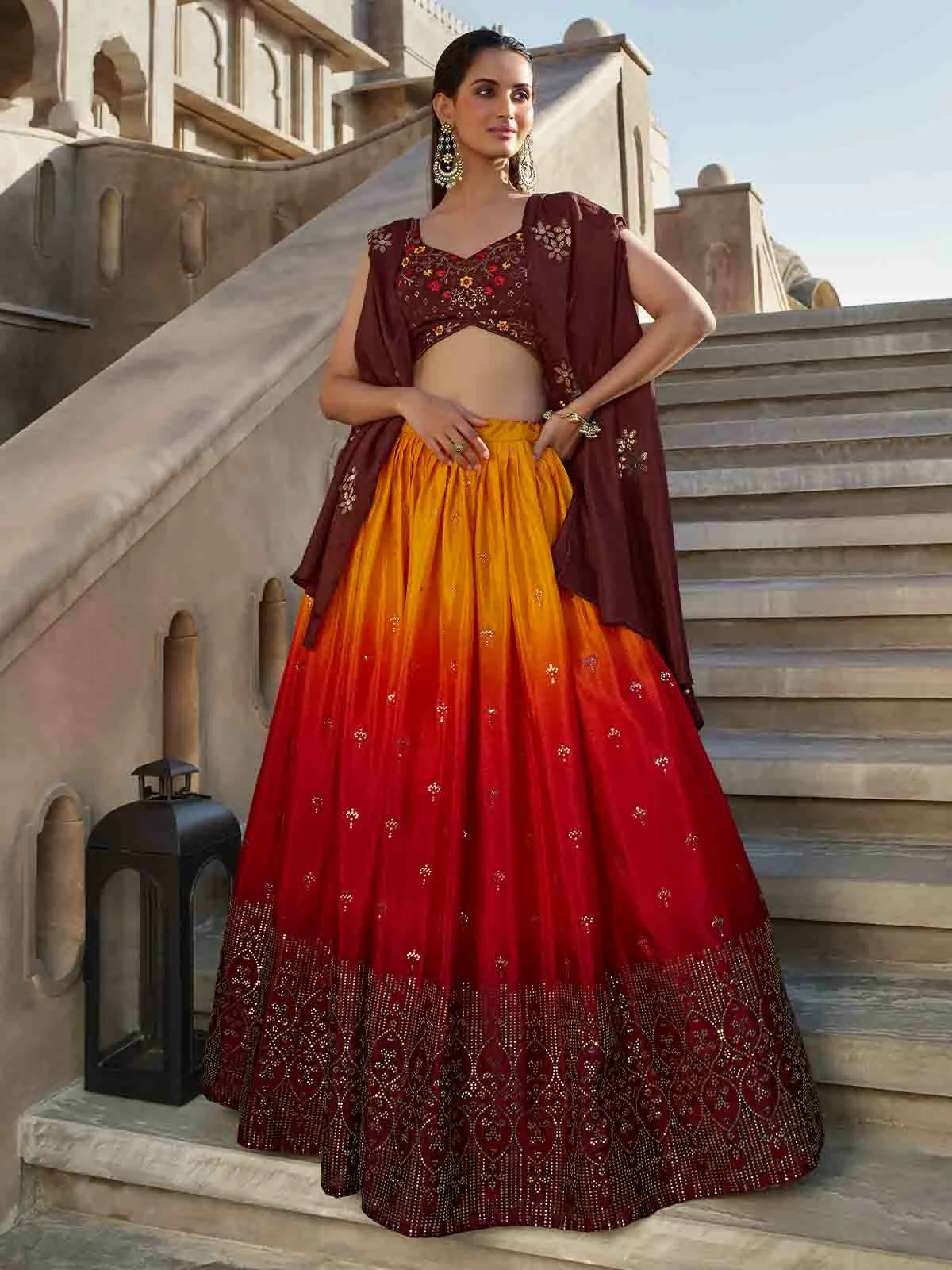 Odette Women Multicolor Georgette Embroidered Semi Stitched Lehenga With Unstitched Blouse
