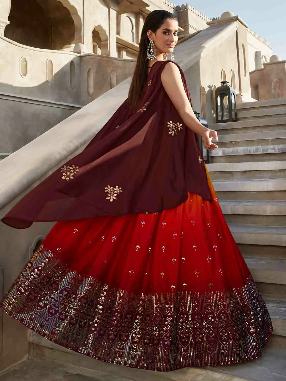 Odette Women Multicolor Georgette Embroidered Semi Stitched Lehenga With Unstitched Blouse - Image 3