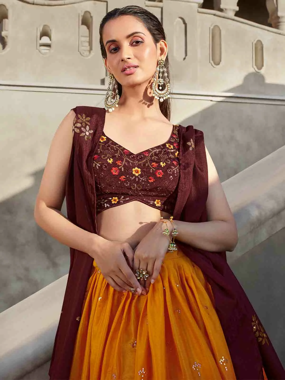 Odette Women Multicolor Georgette Embroidered Semi Stitched Lehenga With Unstitched Blouse - Image 4