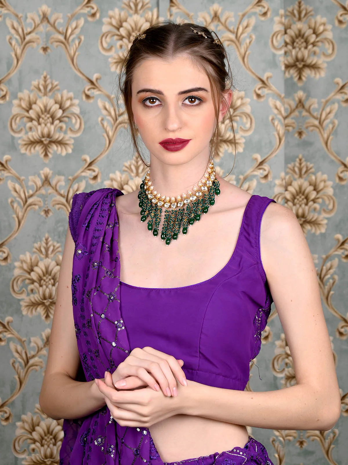 Odette Women Multicolor Tesseled Bridal Choker Necklace Set - Image 2