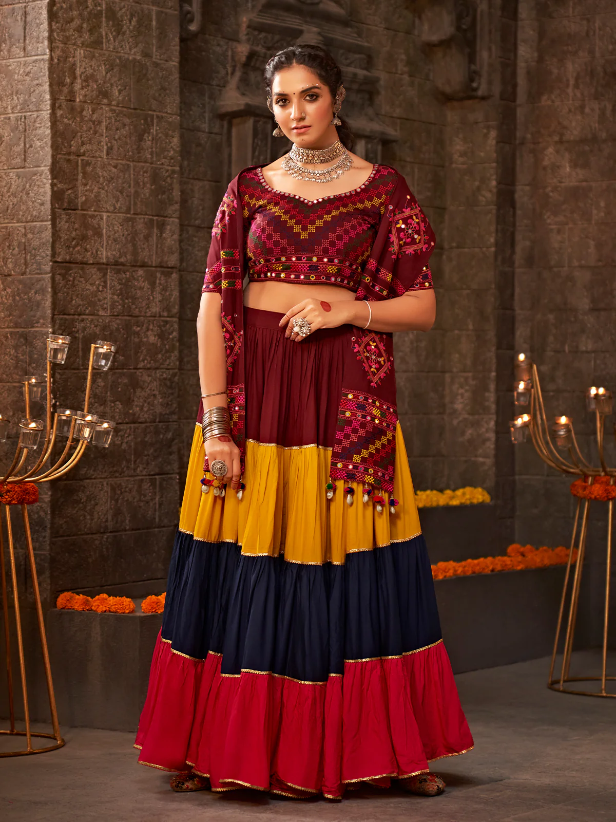 Odette Multicolor Viscose Rayon Embroidered Semi Stitched Lehenga Choli For Women - Image 2