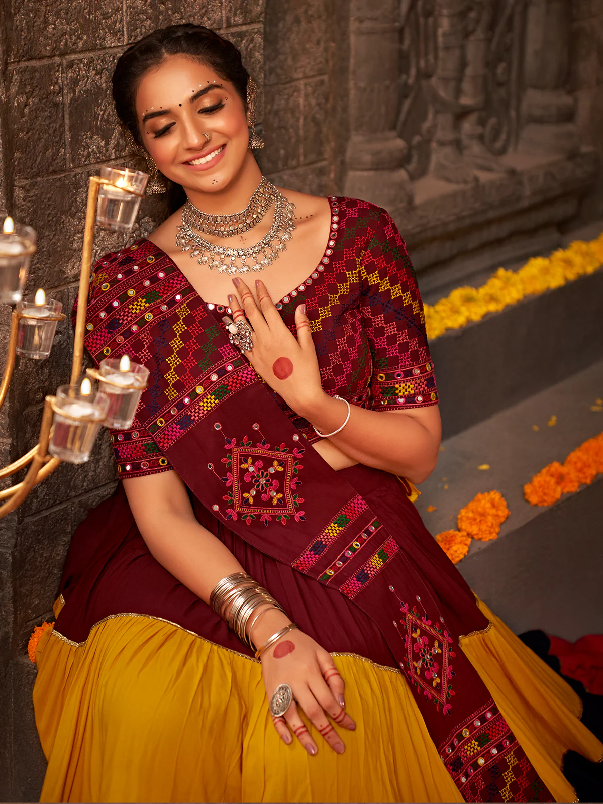 Odette Multicolor Viscose Rayon Embroidered Semi Stitched Lehenga Choli For Women - Image 4