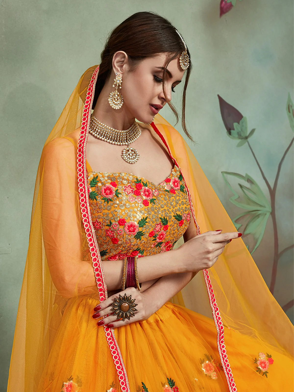 Odette Women Mustard Color Soft Net Sequins Semi Stitched Lehenga With Unstitched Blouse - Image 3