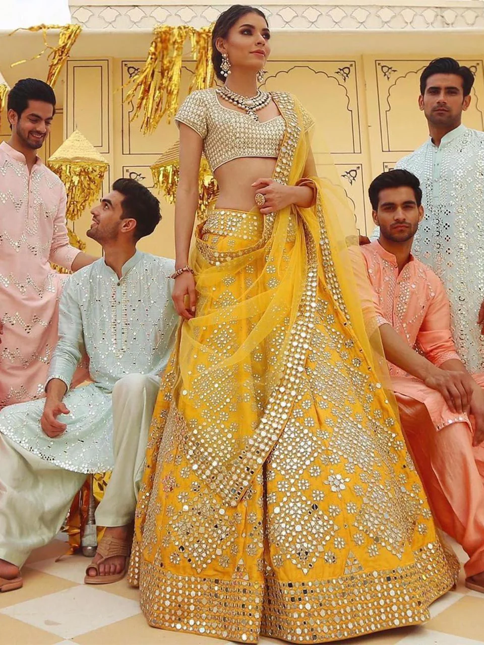 Odette Women Mustard Elegant Semi Stitched Lehenga With Unstitched Blouse