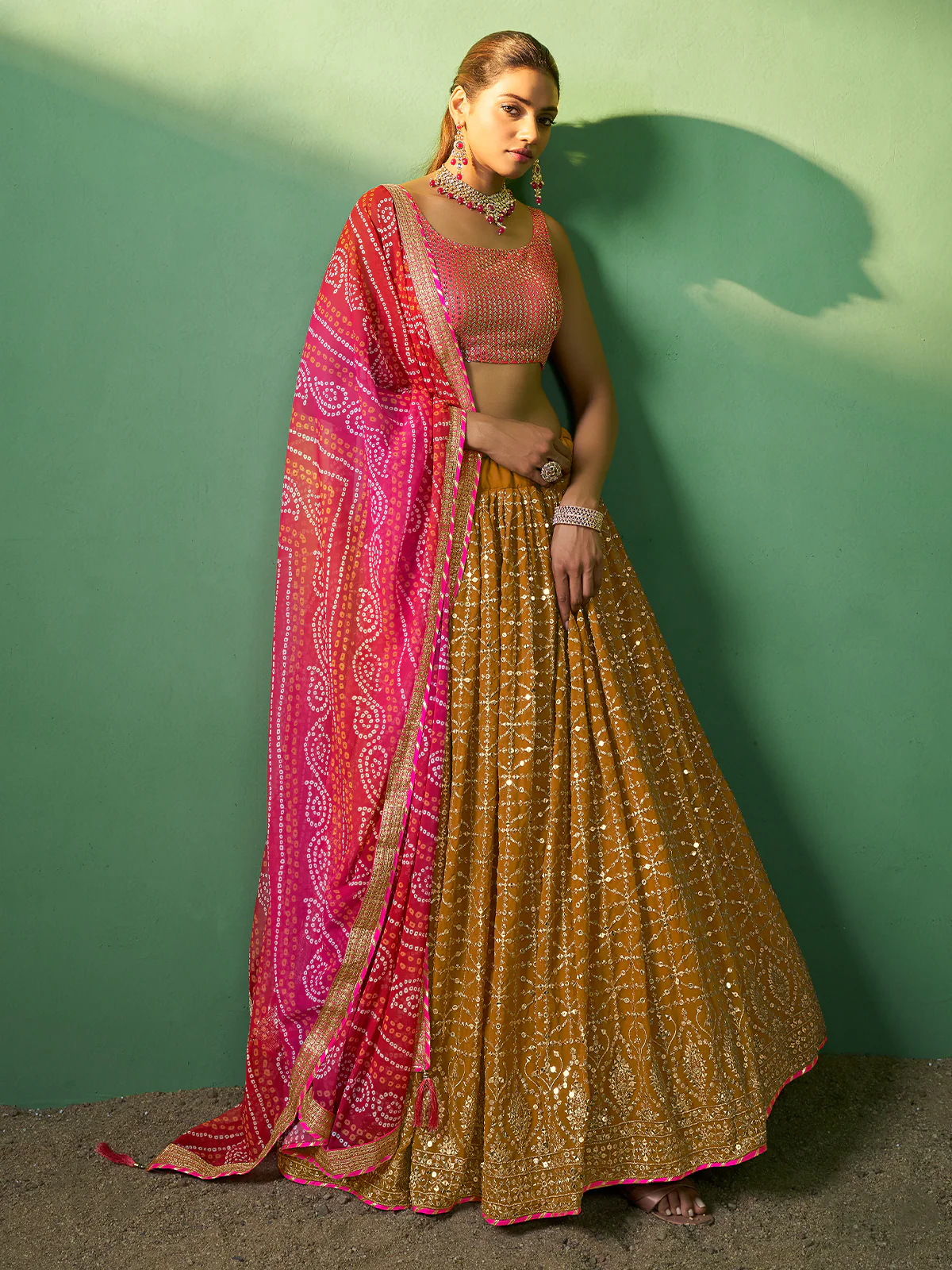 Odette Women  Mustard Embroidered Semi Stitched Lehenga With Unstitched Blouse - Image 2