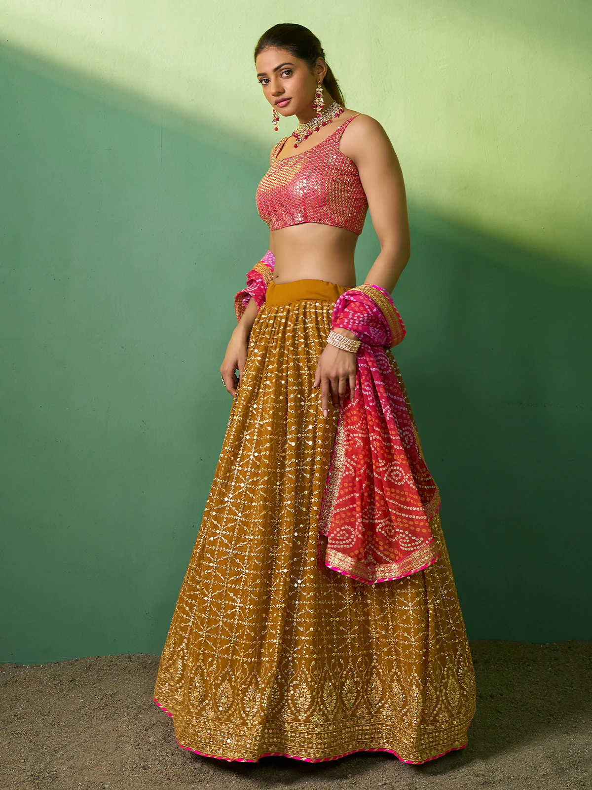 Odette Women  Mustard Embroidered Semi Stitched Lehenga With Unstitched Blouse - Image 3