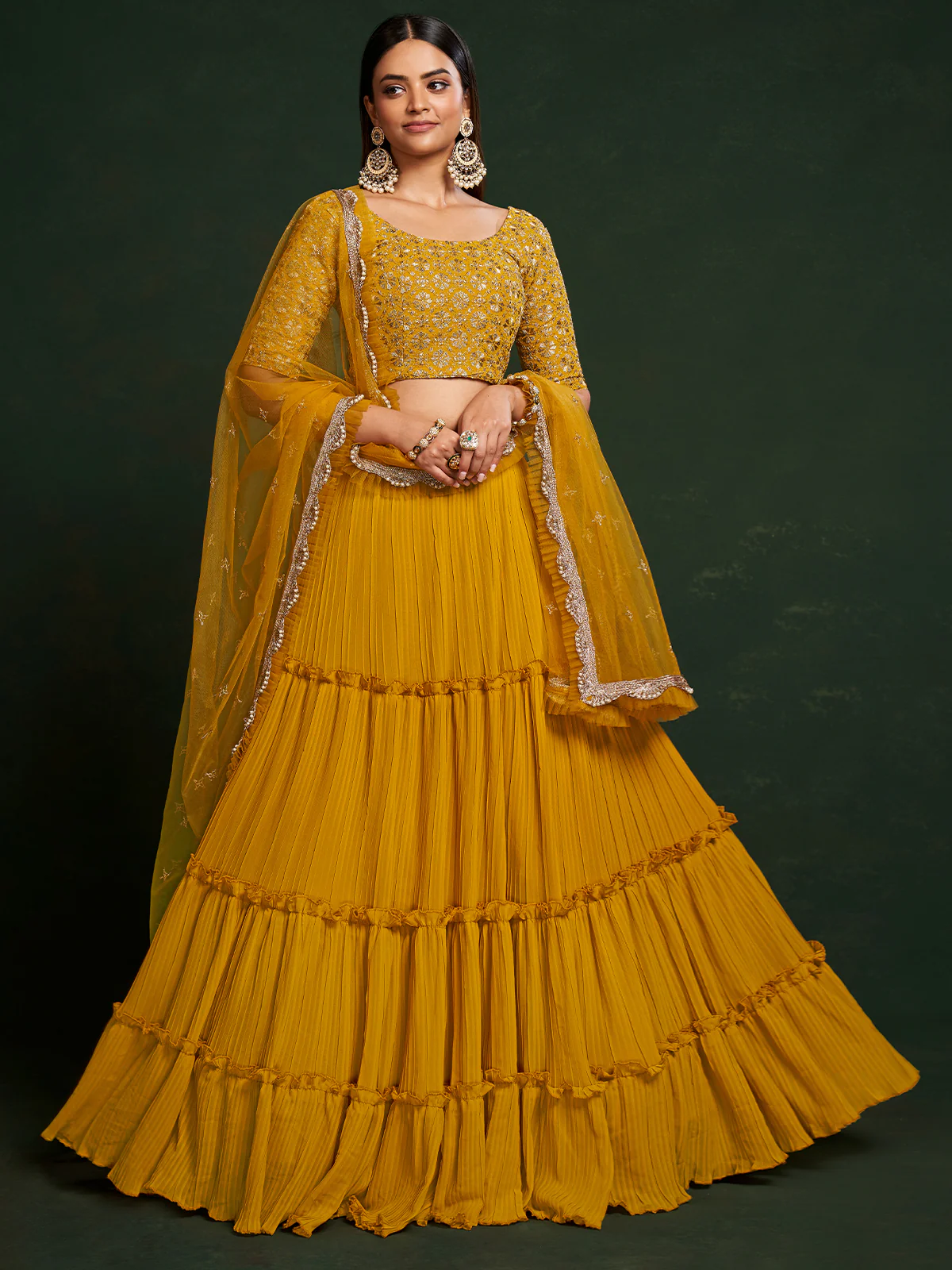 Odette Women Mustard Faux Georgette Embroidered Semi Stitched Lehenga Choli - Image 3