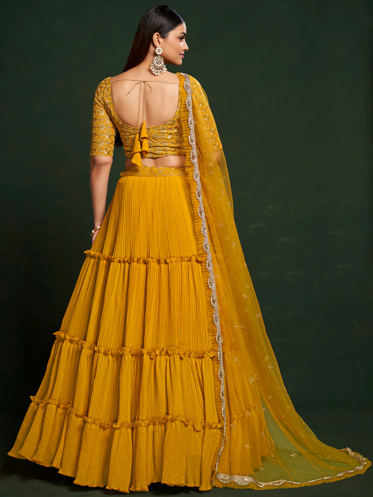 Odette Women Mustard Faux Georgette Embroidered Semi Stitched Lehenga Choli - Image 4