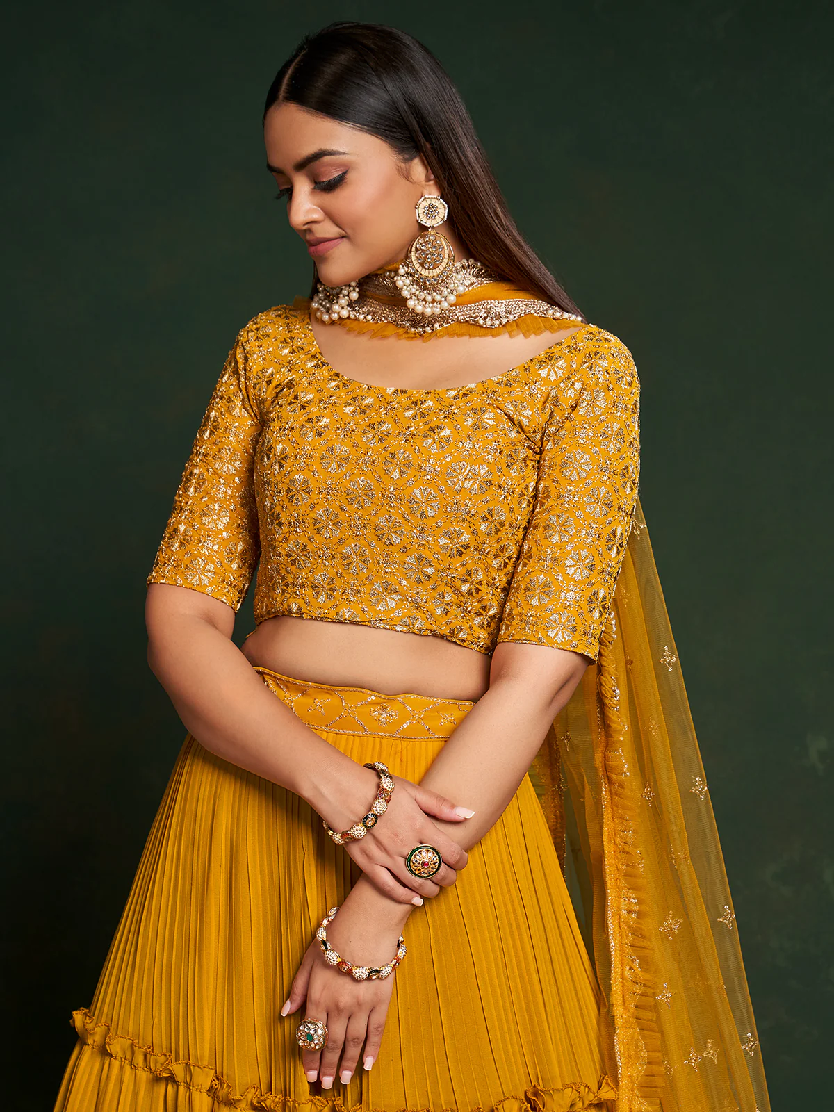 Odette Women Mustard Faux Georgette Embroidered Semi Stitched Lehenga Choli - Image 5