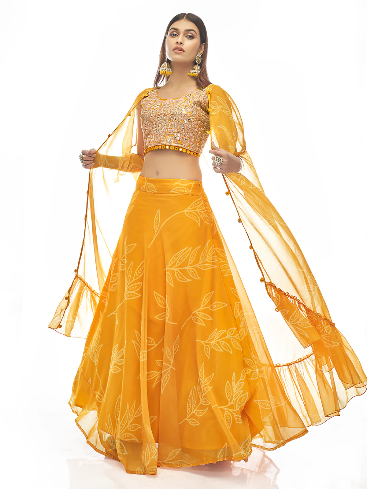 Odette Women Mustard Embroidered Organza Semi Stitched Lehenga With Unstitched Blouse