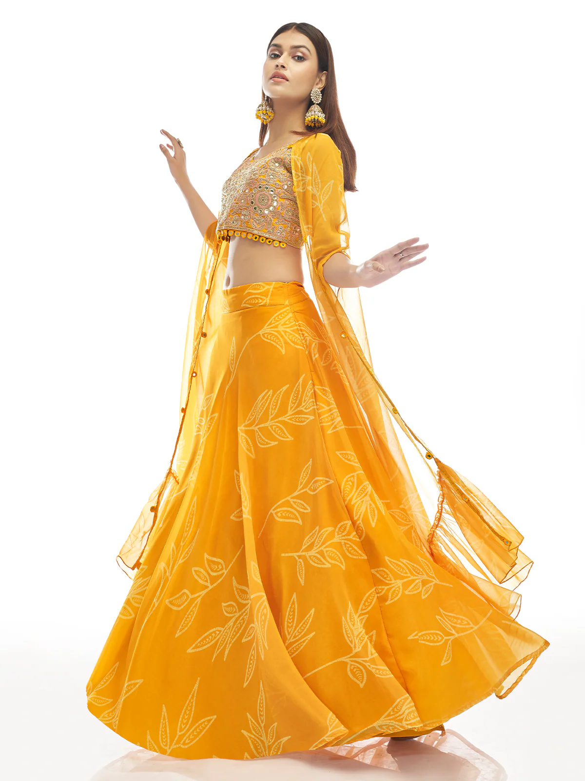 Odette Women Mustard Embroidered Organza Semi Stitched Lehenga With Unstitched Blouse - Image 2