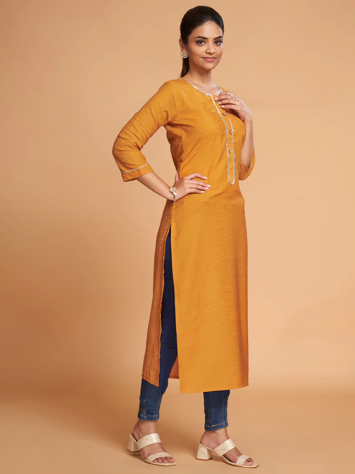 Odette Women Mustard Silk Blend Straight Cut Stitched Kurta - Image 2