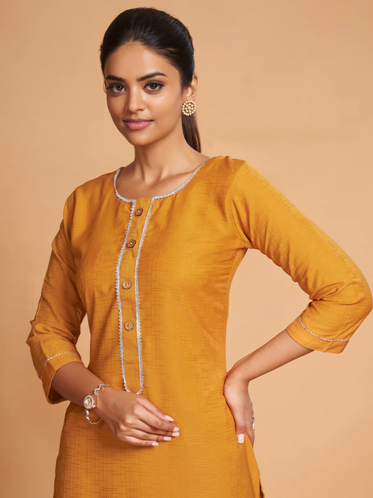 Odette Women Mustard Silk Blend Straight Cut Stitched Kurta - Image 3