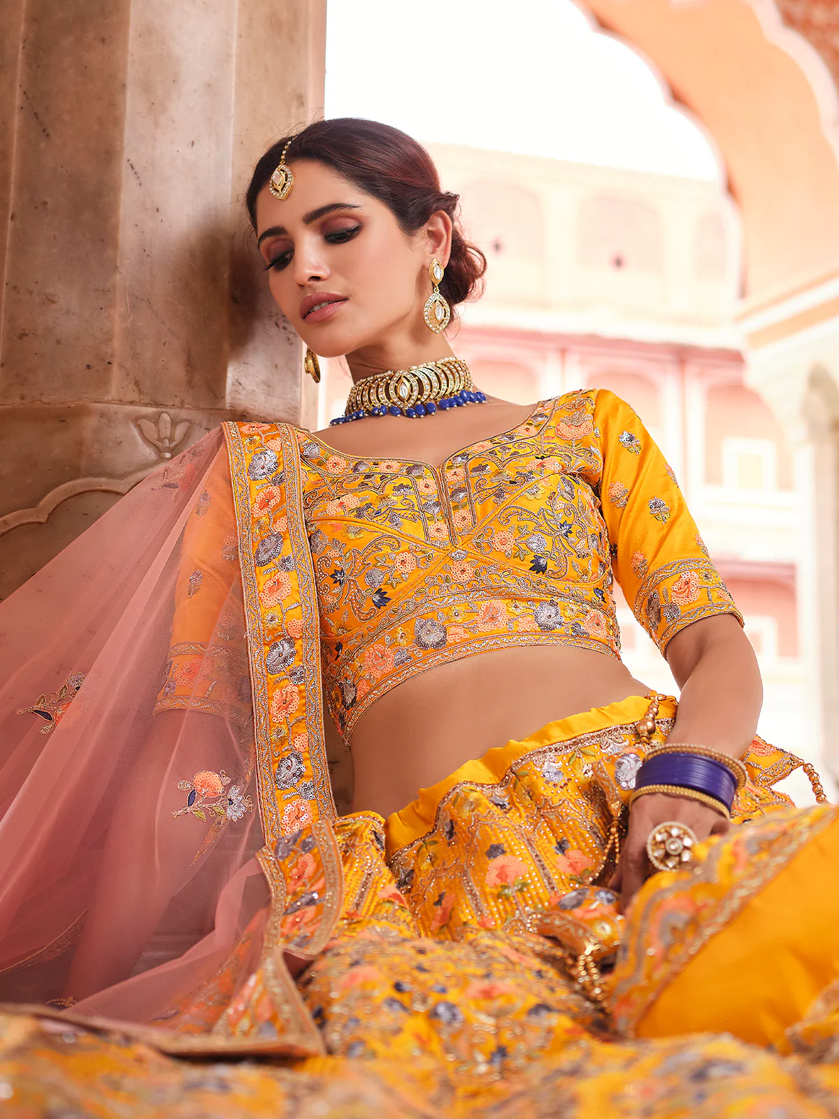 Odette Women Mustard Swarovski Embroidered Crepe Semi Stitched Lehenga With Unstitched Blouse - Image 3