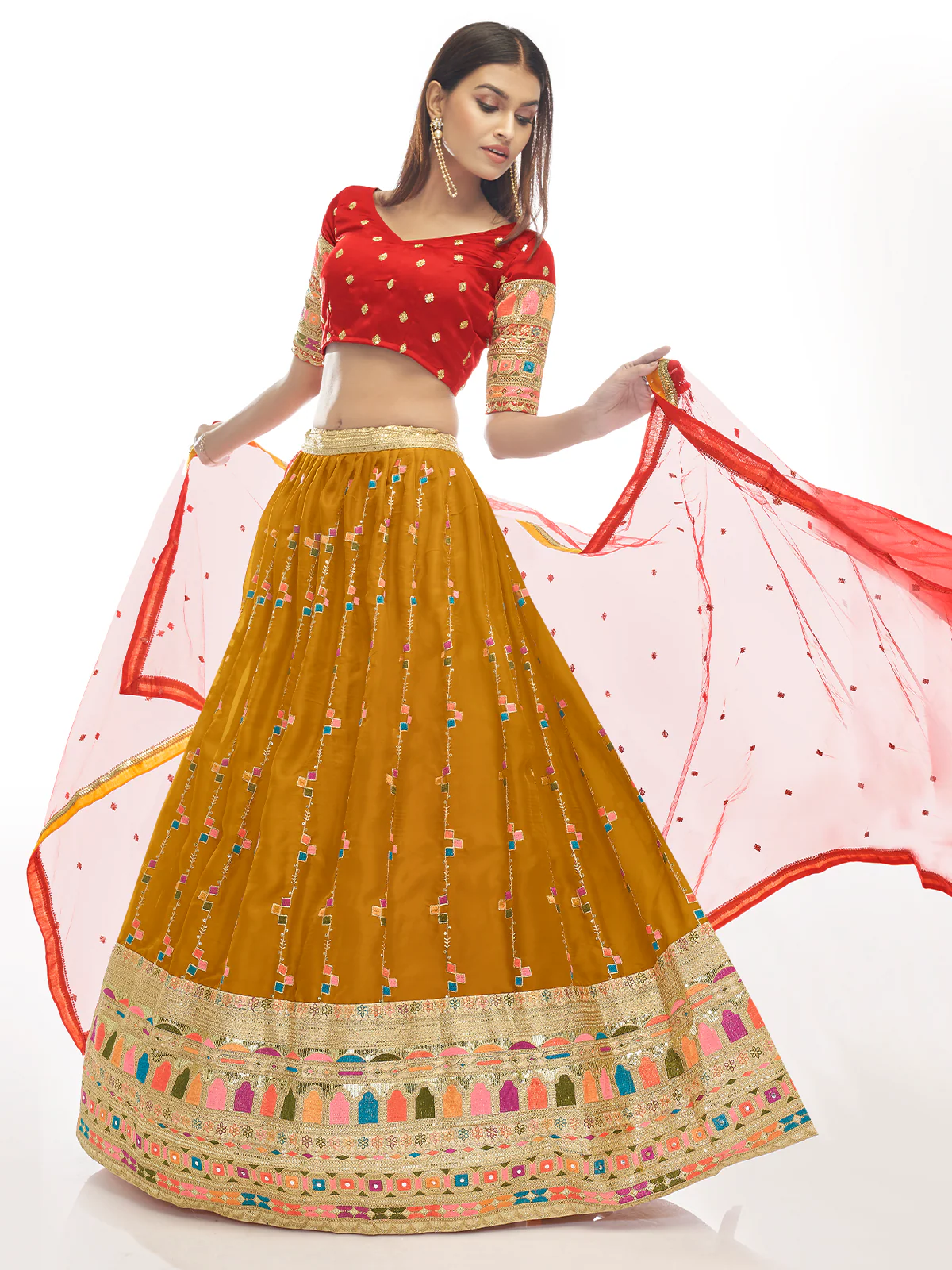 Odette Women Mustard Embroidered Georgette Semi Stitched Lehenga With Unstitched Blouse - Image 3