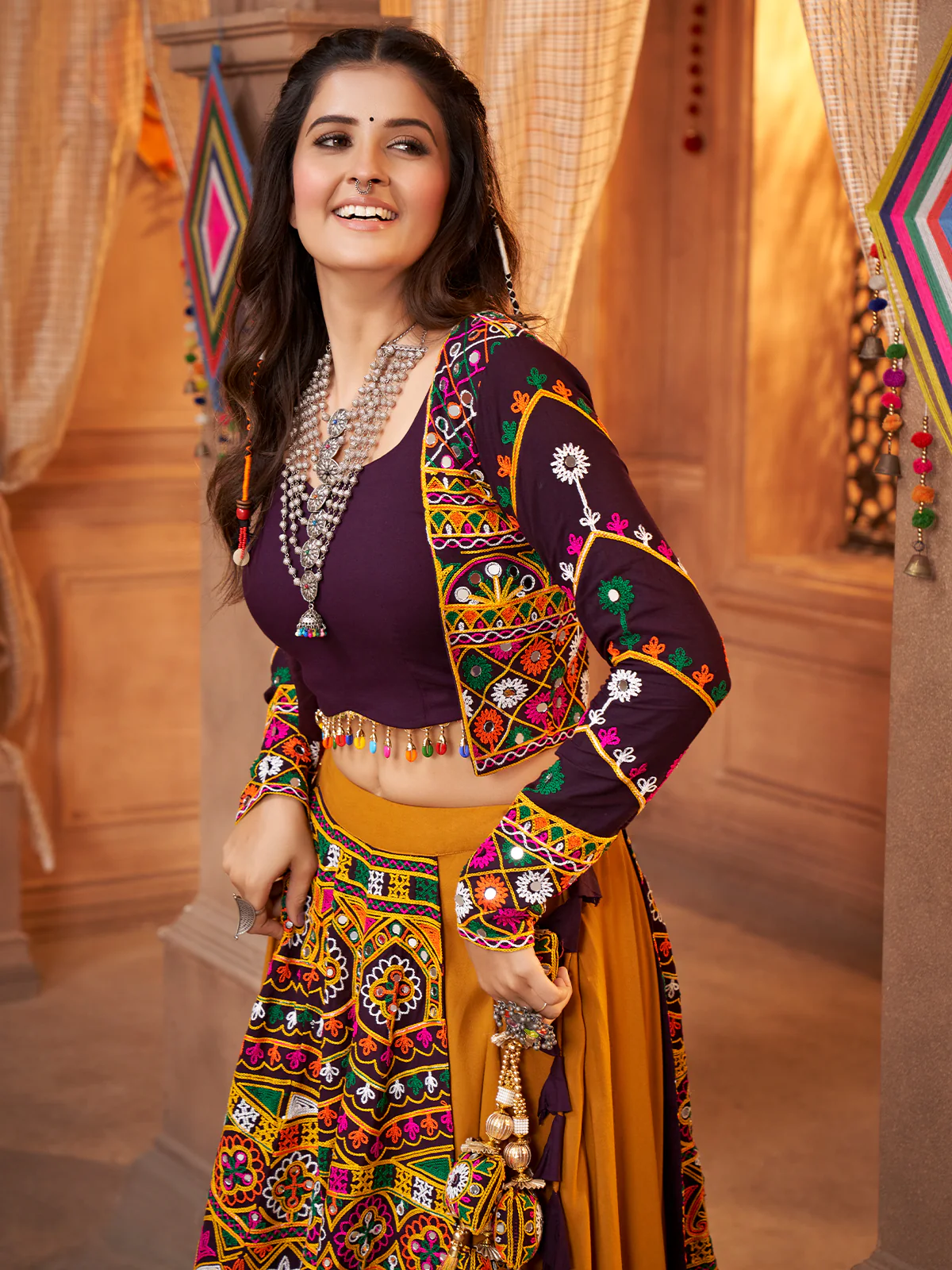 Odette Mustard Viscose Rayon Embroidered Stitched Lehenga Choli For Women - Image 3