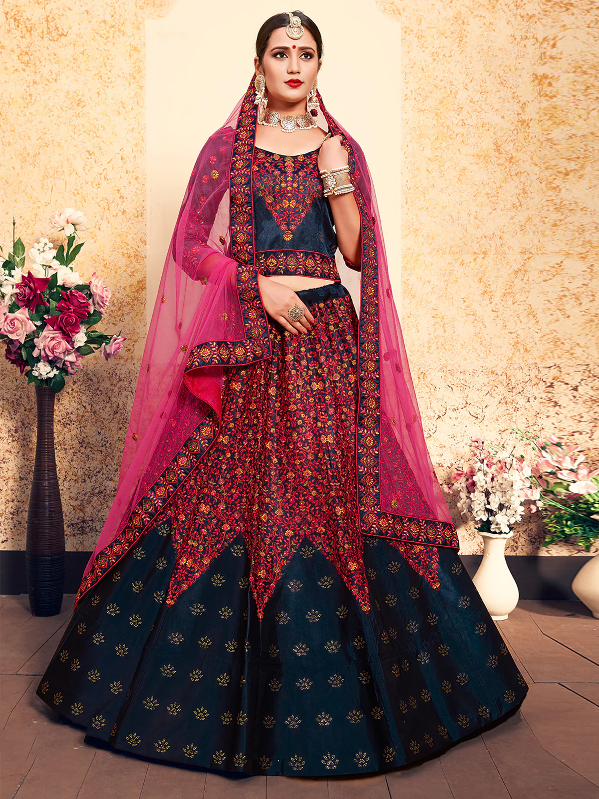 Odette Women Dark Blue Designer Semi Stitched Lehenga With Unstitched Blouse