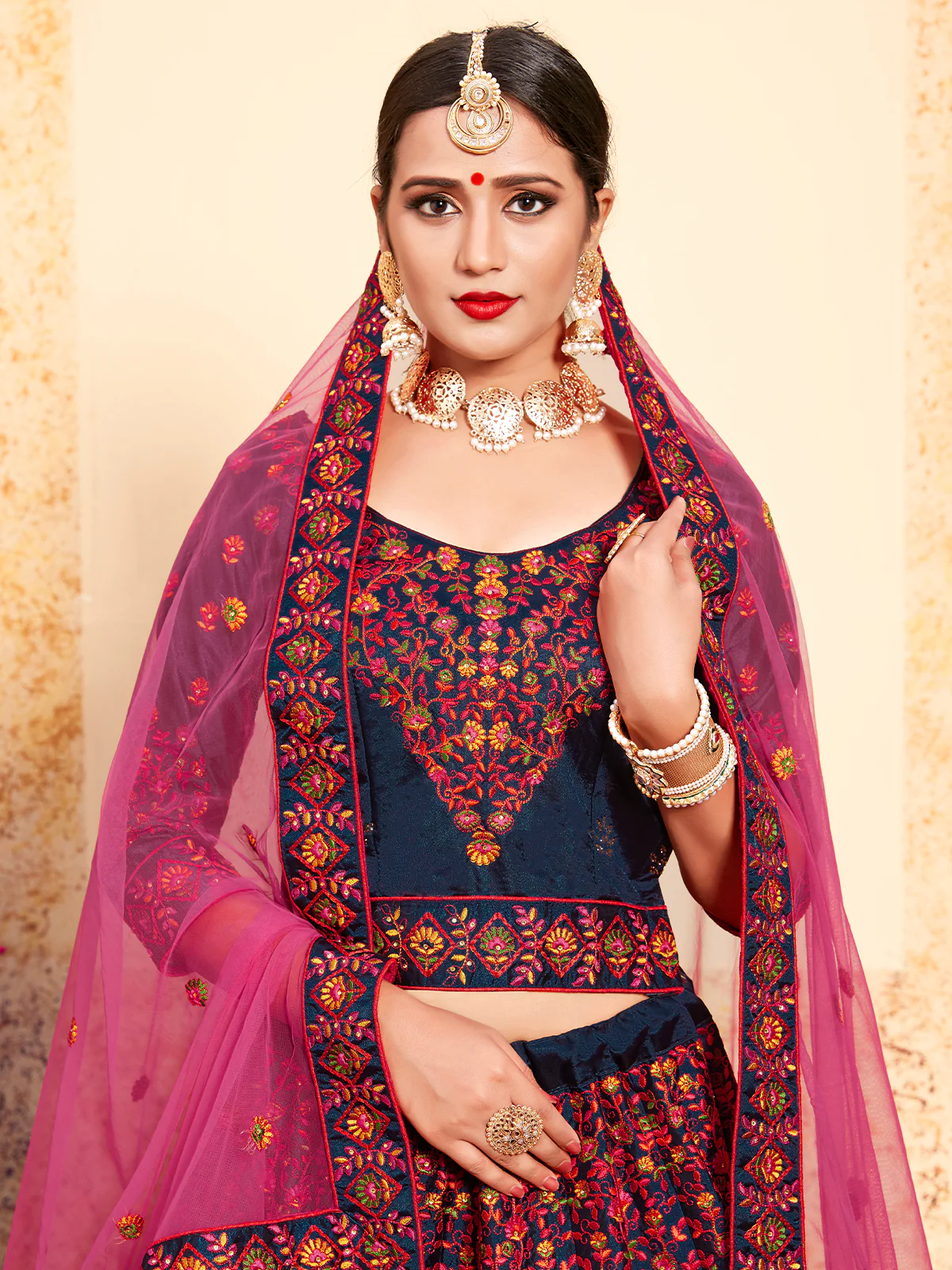 Odette Women Dark Blue Designer Semi Stitched Lehenga With Unstitched Blouse - Image 4