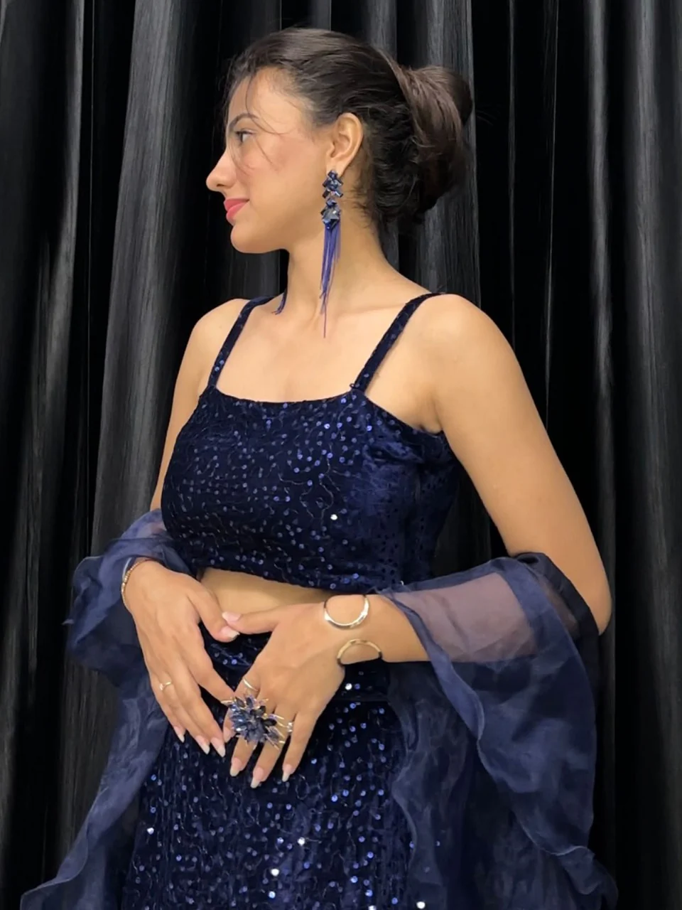 Odette Women Navy Blue Designer Sequence Semi Stitched Lehenga With Unstitched Blouse - Image 3