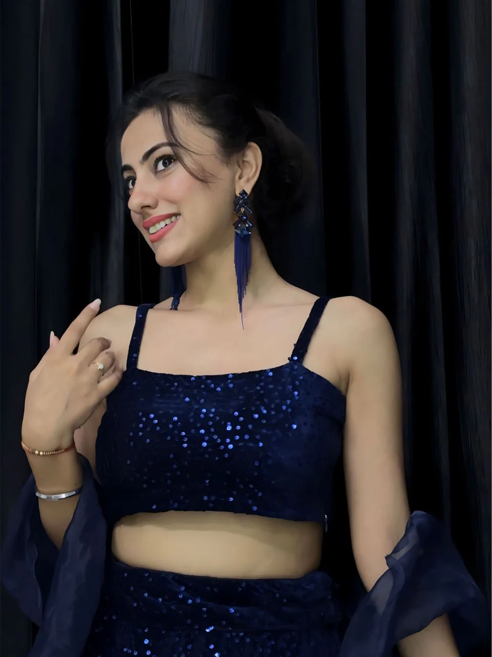 Odette Women Navy Blue Designer Sequence Semi Stitched Lehenga With Unstitched Blouse - Image 4
