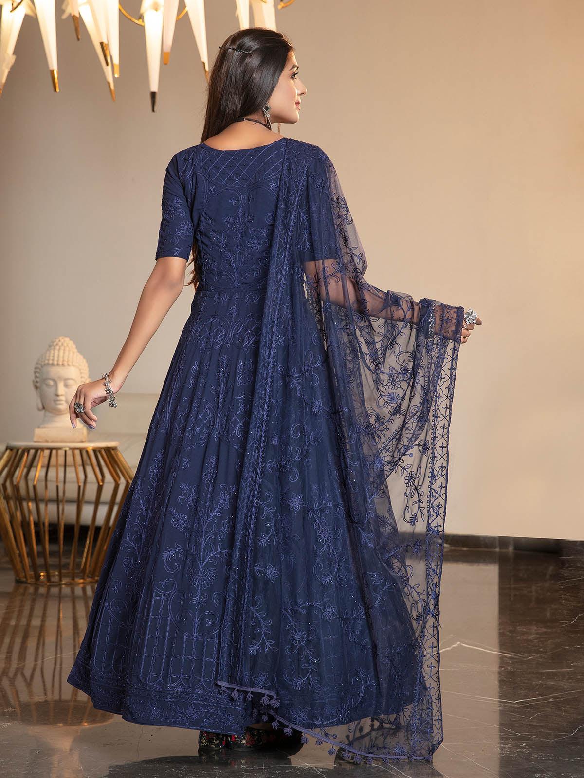 Odette Women Navy Blue Diamond Georgette Semi Stitched Anarkali - Image 2