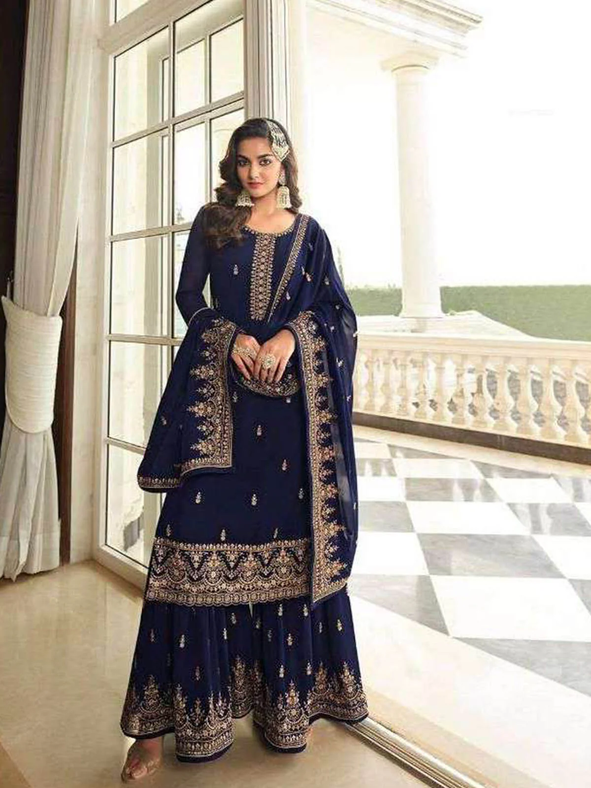 Odette Women Dark Blue Embroidered Georgette Sharara Style Semi-Stitched Salwar Suit