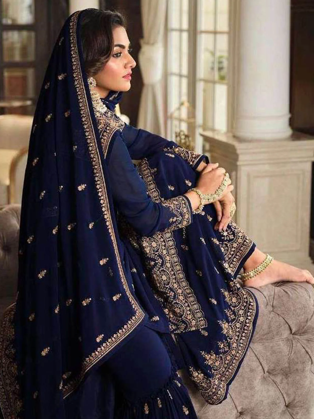 Odette Women Dark Blue Embroidered Georgette Sharara Style Semi-Stitched Salwar Suit - Image 2