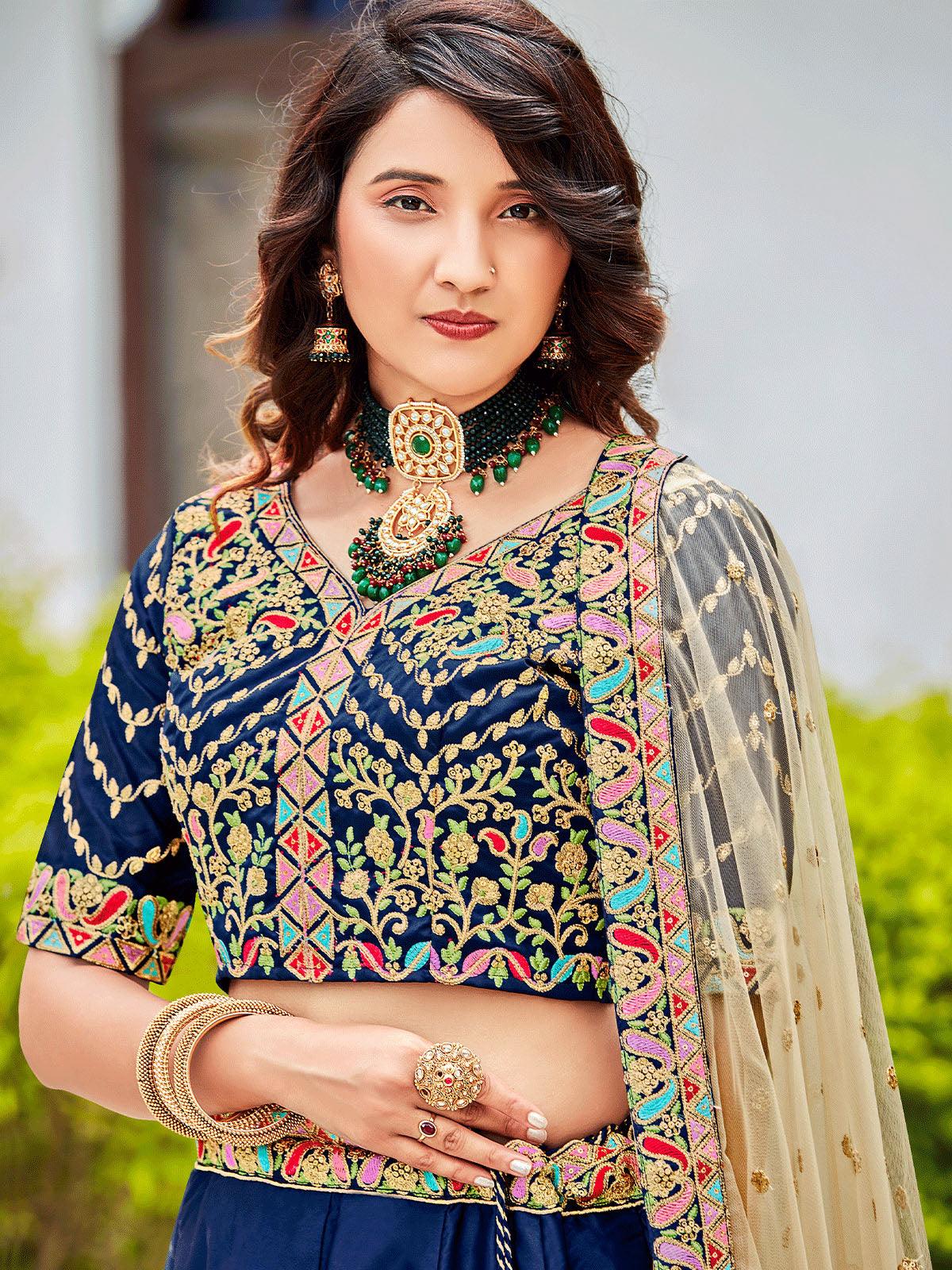 Odette Women Navy Blue Festival Wear Semi Stitched Lehenga With Unstitched Blouse - Image 3