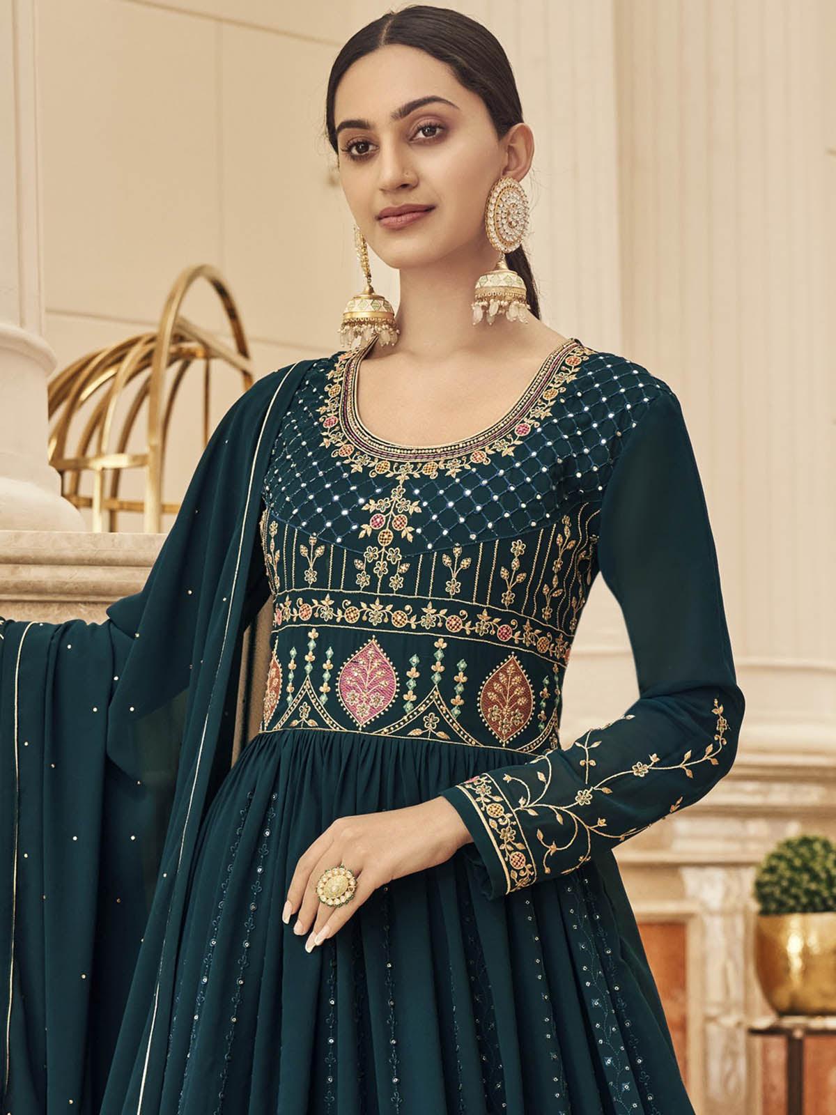 Odette Women Dark Green Floor Length Anarkali Semi Stitched Kurta - Image 2