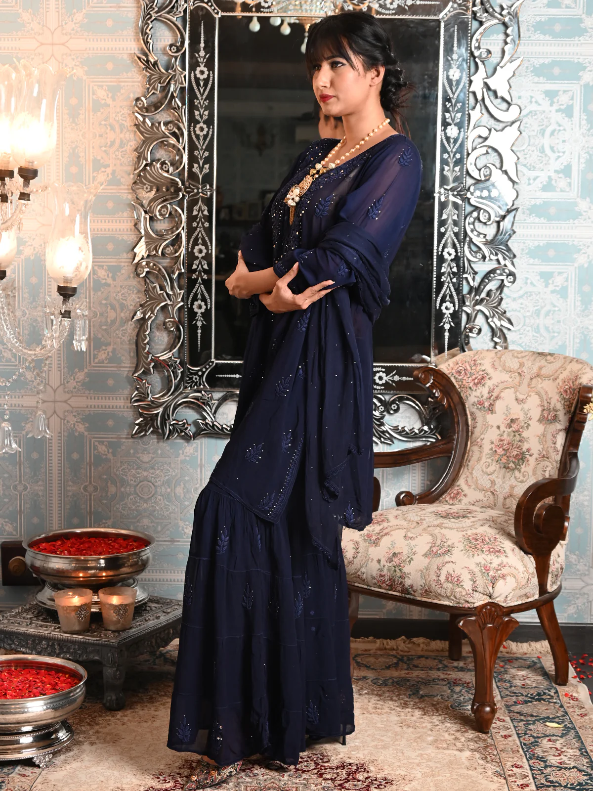 Odette Women Navy Blue Georgette Chikankari Embroidered Stitched Sharara Set - Image 3