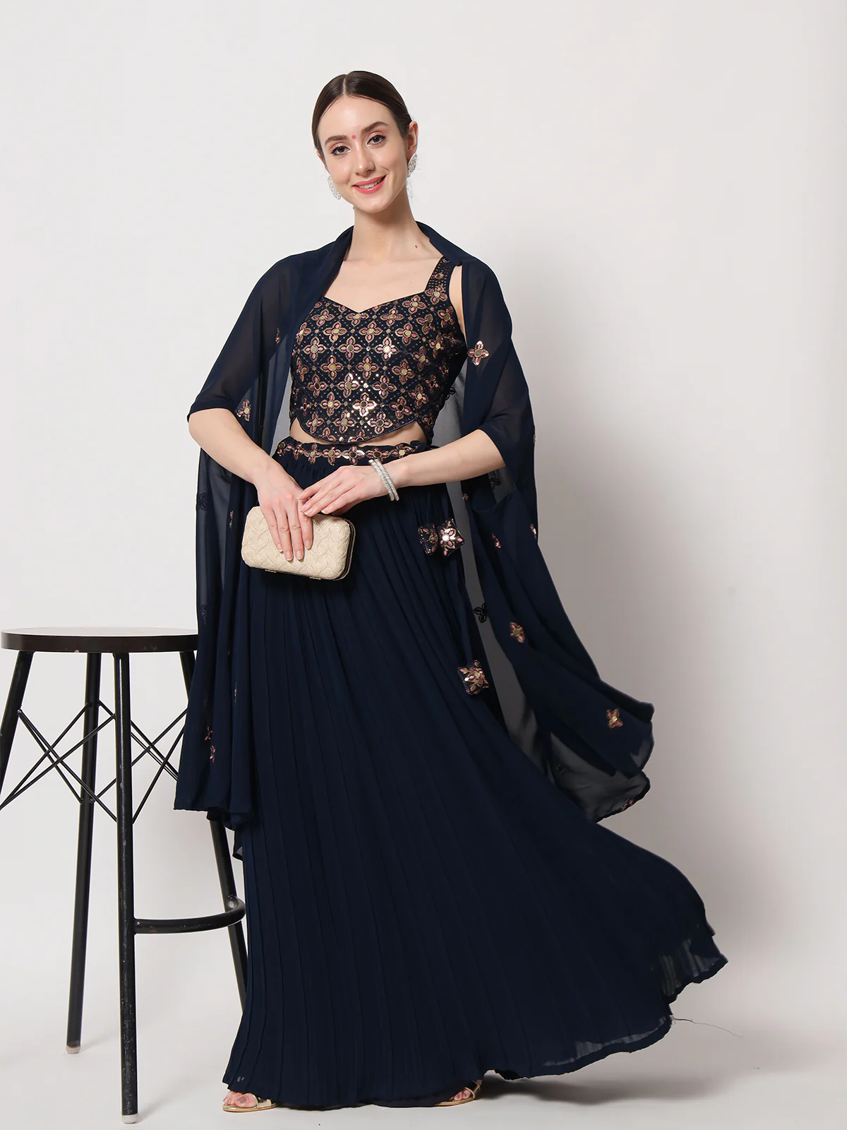 Odette Women Navy Blue Georgette Semi Stitched Lehenga With Unstitched Blouse