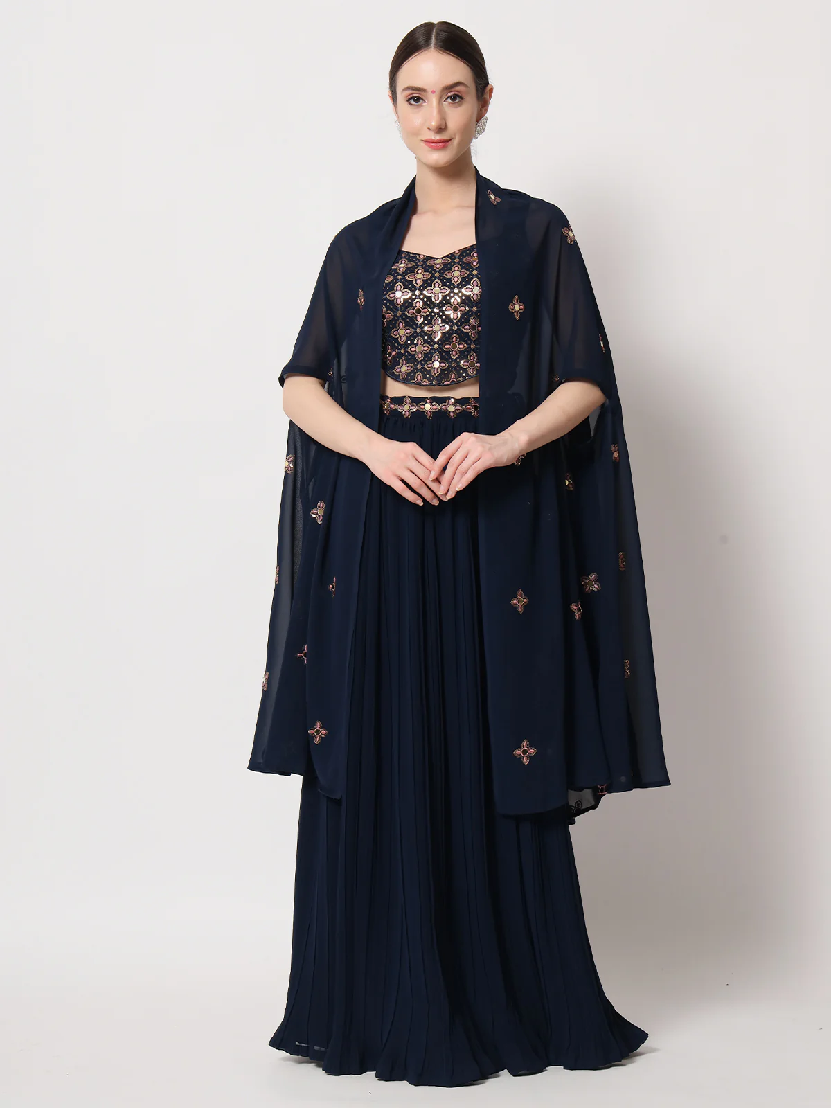 Odette Women Navy Blue Georgette Semi Stitched Lehenga With Unstitched Blouse - Image 2