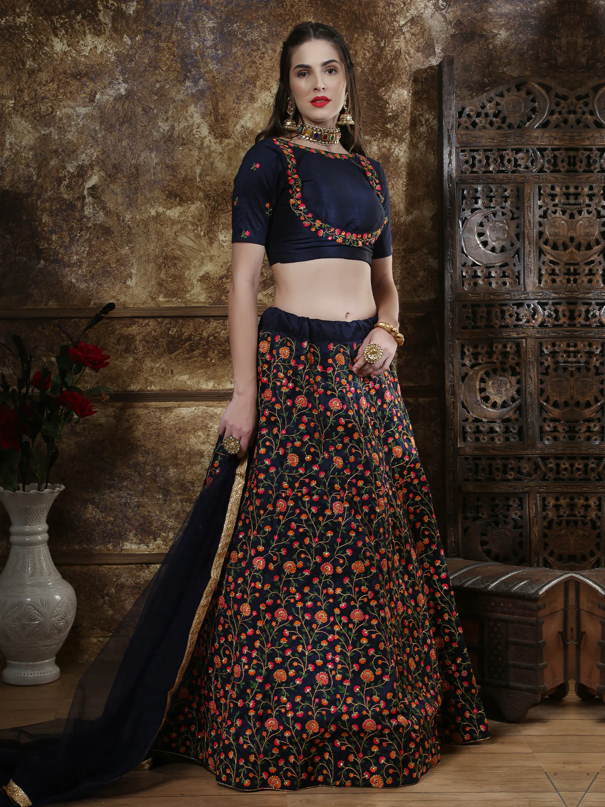 Odette Women Dark Blue Blend Silk Embroidered Semi Stitched Lehenga With  Unstitched Blouse - Image 3
