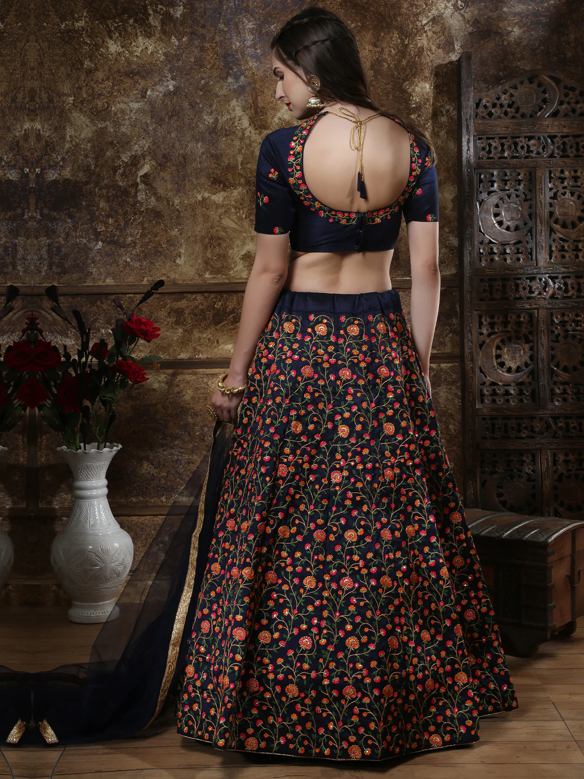 Odette Women Dark Blue Blend Silk Embroidered Semi Stitched Lehenga With  Unstitched Blouse - Image 4