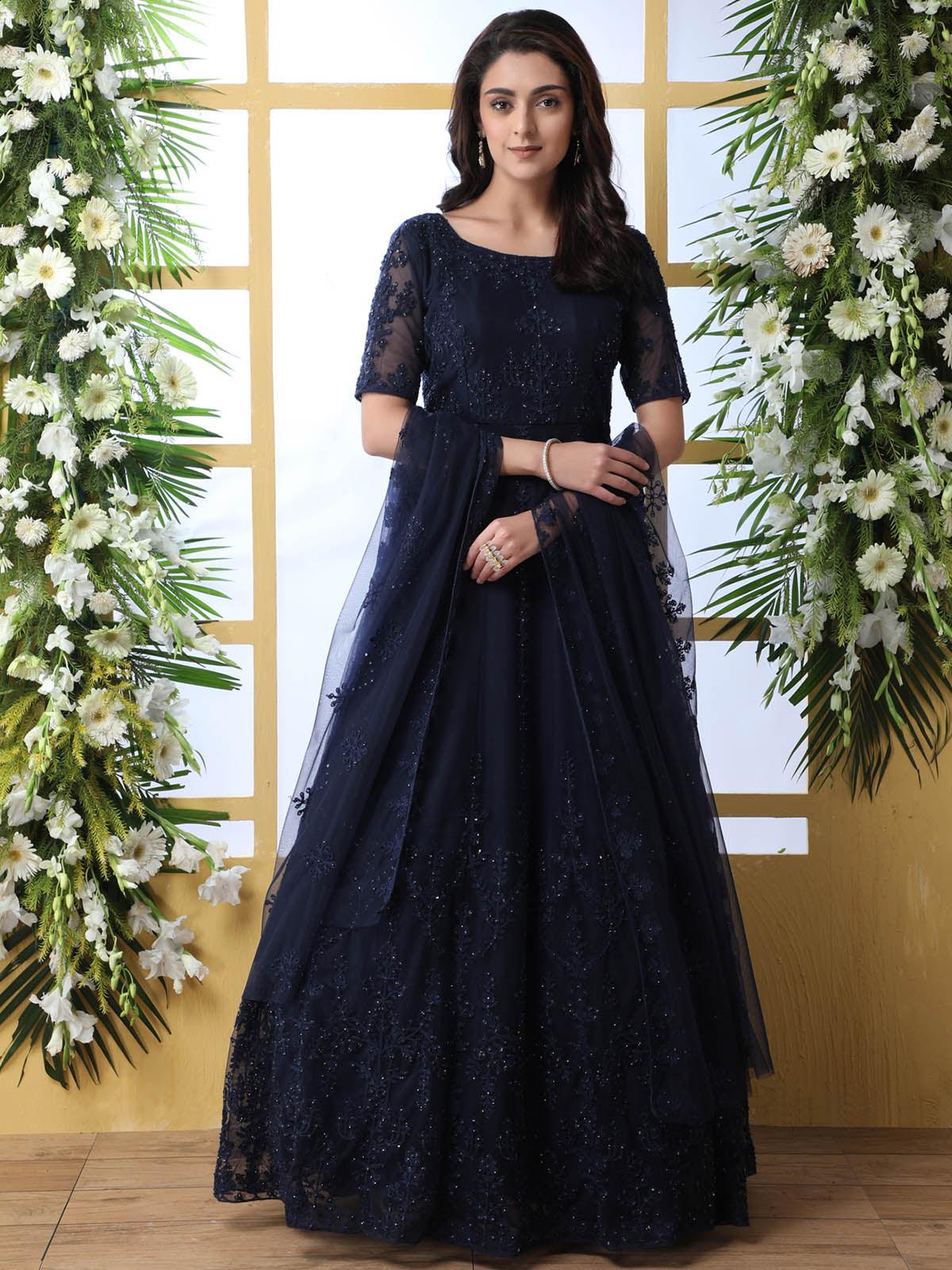 Odette Women Dark Blue Net Semi Stitched Gown